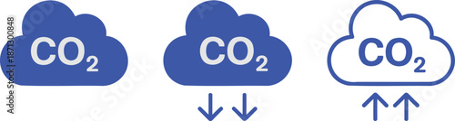 Three blue cloud with C O2 text and arrows carbon dioxide