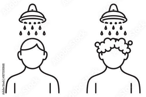 Line art icons set featuring a person showering and washing hair for hygiene and personal care concepts