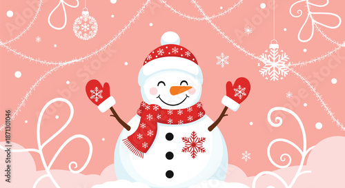 Cheerful snowman wearing a red patterned hat and scarf waving on a festive pink background with snowflakes and ornaments.