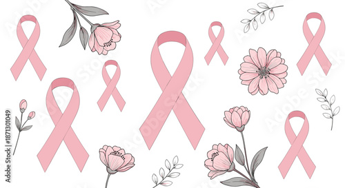 Breast cancer awareness ribbons and delicate pink flowers arranged on a white background to symbolize hope and health support.