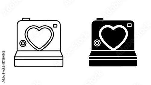 Outline and Filled Heart Camera Icons on White