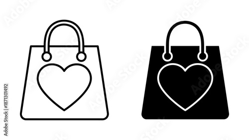 Outline and Solid Shopping Bag Icons with Heart Symbol