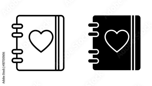 Outline and Solid Heart Notebook Icons, Minimalist Design
