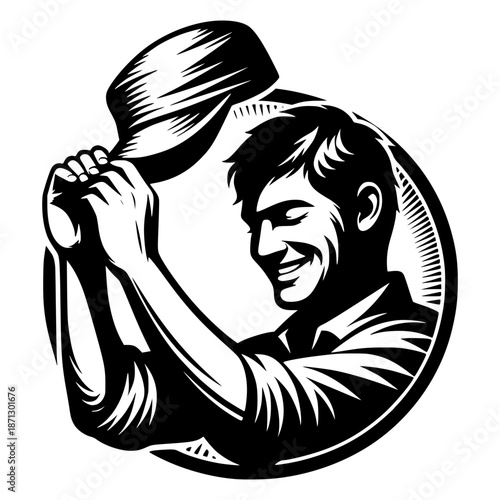 a smiling man removing cap and bowing to someone