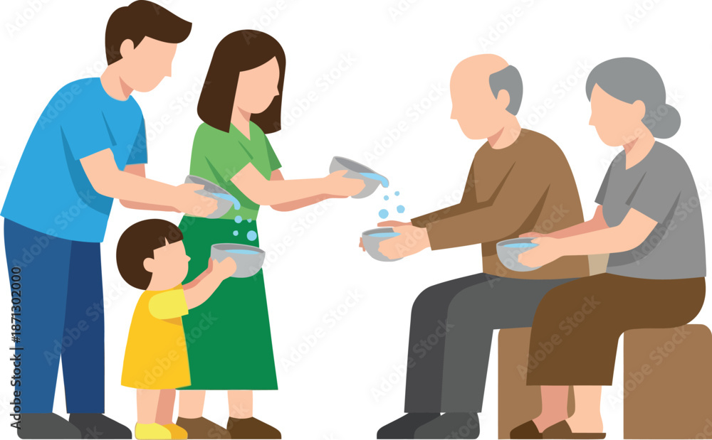 Fototapeta premium Thai family pouring water on hands of elderly grandparents for songkran festival celebration rod nam dum hua ceremony design element icon symbol isolated object for culture respect.