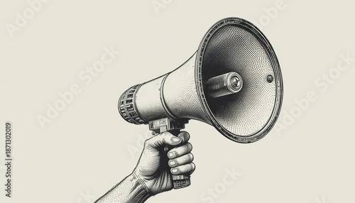 Engraved human hand firmly gripping a retro megaphone a black and white illustration on a light background