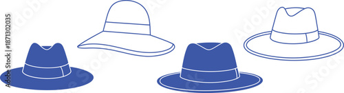 Four blue hats with white outlines on white background