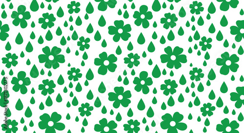 Seamless pattern with green flowers and rain drops for nature spring season wallpaper design element or wrapping paper textile fabric print isolated object for fresh summer garden art.