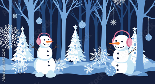 Two snowmen wearing pink earmuffs standing in a snowy dark blue winter forest decorated with ornaments and large snowflakes.