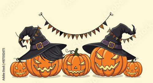 Assorted carved pumpkins with scary and friendly faces are decorated with witch hats and dark hair for halloween.