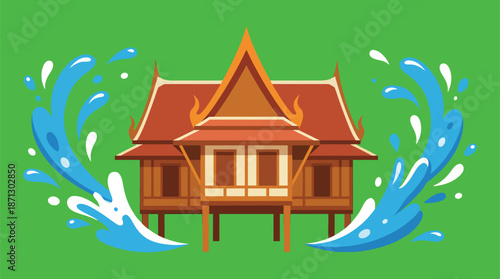 Traditional Thai wooden house on stilts with blue water splash for Songkran festival celebration or Thailand travel tourism design element icon symbol isolated object sign for culture.