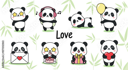 Cute Kawaii Panda Sticker Set with Heart Balloon Music Headphones Cake Gift and Love Letter for Valentine Day Vector Illustration