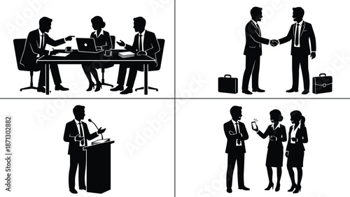 Business scenes silhouettes showing meeting negotiation handshake presentation networking, corporate teamwork communication leadership collaboration concept illustration strategy success