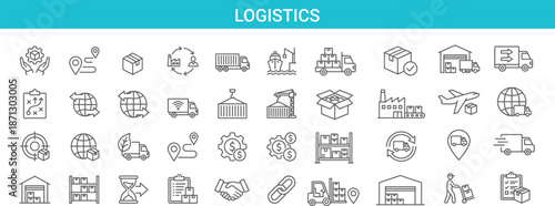 Logistics and supply chain line icon set featuring delivery trucks warehouses shipping containers and global transport symbols, modern outline vector collection for web apps, UI, business operations.