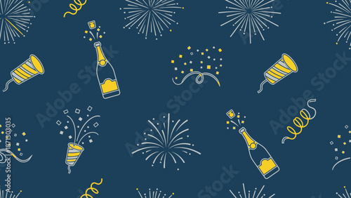 A festive seamless pattern featuring champagne bottles, fireworks, and party poppers on a dark blue background, perfect for celebrations.