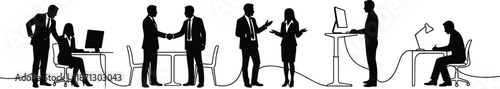 Business workflow silhouettes showing teamwork, handshake, discussion, remote work, office technology, professional collaboration across modern corporate environments concepts