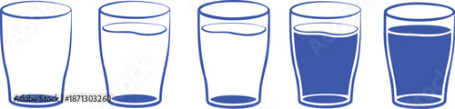 Five glasses showing liquid levels from empty to full