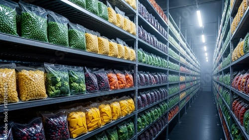 Rows of frozen vegetables and fruits in storage shelves