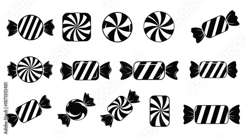 Assorted black and white striped candy shapes in a decorative arrangement silhouette