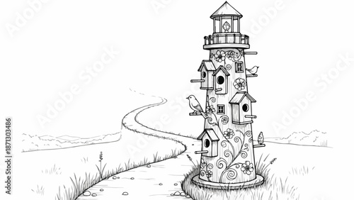 Illustration of a whimsical lighthouse with a winding path leading to it, set in a simple landscape with a minimalist style.