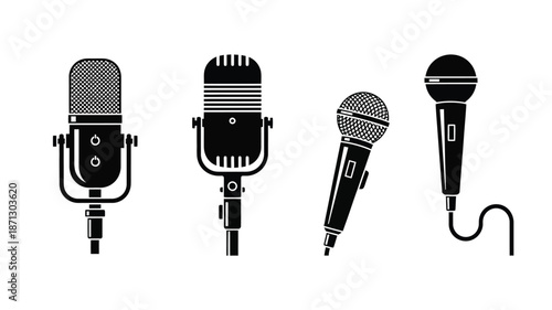 Four vintage microphones in a black and white silhouette