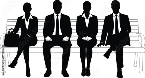 Business, people, silhouettes, sitting, bench, waiting, professionals, corporate, interview, recruitment, office, career, teamwork, formal, workforce, job, candidates, concept
