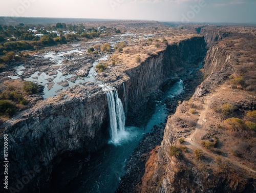Majestic Waterfall Flowing Through Dramatic Canyon Landscape