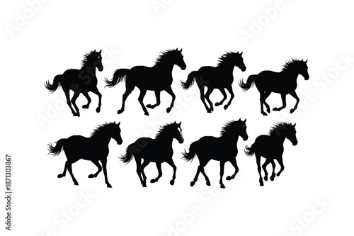 Eight black horse silhouettes running in two rows on white background silhouette