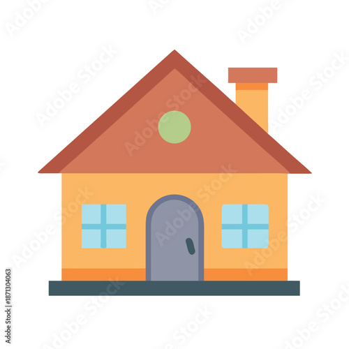 Simple house illustration with chimney and windows on black background flat design