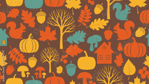 A vibrant, seamless autumn pattern featuring pumpkins, leaves, squirrels, acorns, trees, houses, and mushrooms on a brown background.