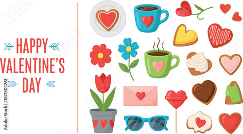 Happy Valentine's Day vector illustration set with heart shaped cookies, coffee mugs, love letters, flowers, sunglasses and romantic holiday icons.