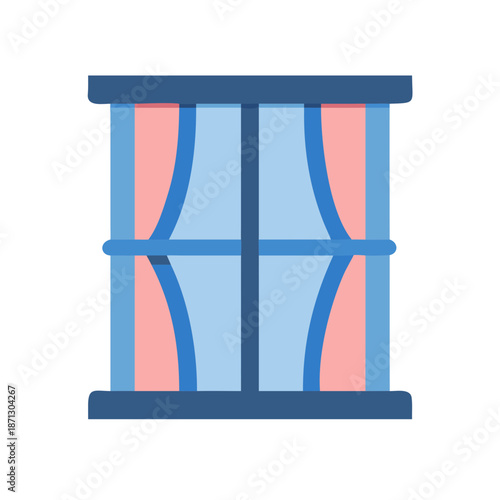 Stylized Illustration of a Window Frame with Curtains in a Flat Design Style