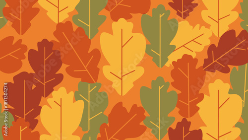 A vibrant seamless pattern featuring stylized autumn oak leaves in warm fall colors like orange, yellow, green, and brown, creating a festive seasonal background.