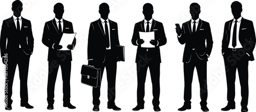 Businessman silhouette set professional poses corporate office leadership documents briefcase smartphone communication vector illustration concept