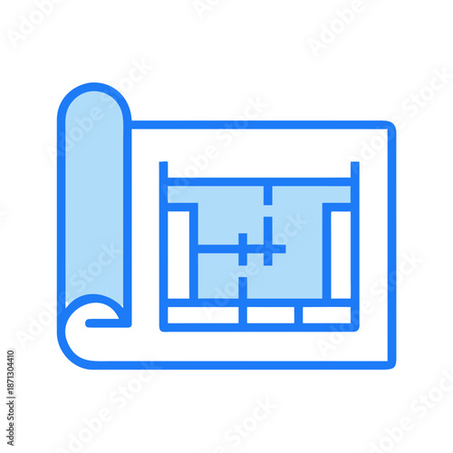 Architectural Blueprint Illustration of a Building Plan on Rolled Paper Isolated on Black