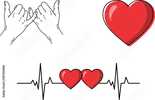 Pinky swear promise line art with red heart symbols and heartbeat pulse lifeline for concept of love, friendship, and commitment.