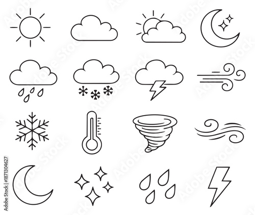 Line art weather icons set featuring sun, clouds, rain, snow, wind, and storms for meteorological forecasting