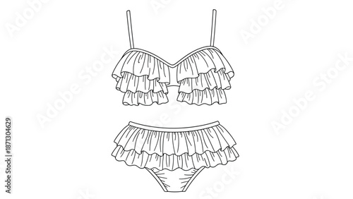 Detailed line drawing of a two-piece bikini set featuring elegant ruffles on both the top and the bottom sections for a stylish beach look.
