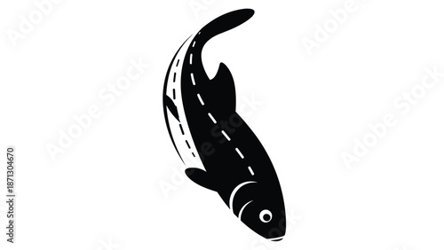 Minimalist black silhouette of a fish leaping gracefully through the air with distinctive white dashed lines along its sleek and curved body.