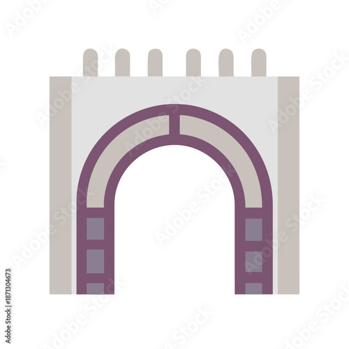 Minimalist cartoon stone archway entrance with stylized blocks and a black background