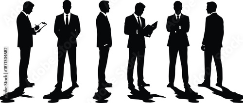 Businessmen silhouettes standing in different poses, professional male executives, corporate workforce, leadership roles, management diversity concept illustration