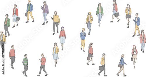 Stylized people in circles, smartphone users, social behavior, urban interaction, casual outfits, digital connectivity, modern lifestyle, cartoon illustration