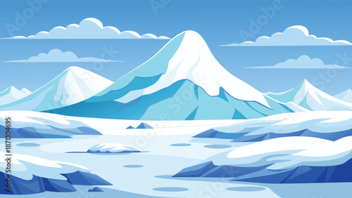 Snowy scene with ground, snowdrift, and mountain landscape covered by white snow.