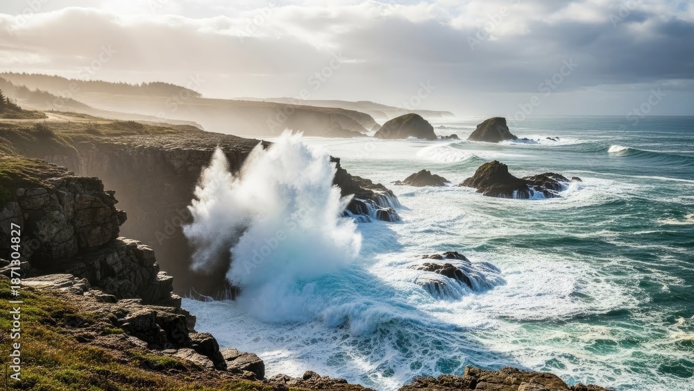 Fototapeta premium Rugged Coastline with Waves Crashing on Rocks.