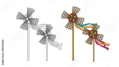 Three different versions of a decorative pinwheel toy shown in both colorful and simple line art styles on wooden sticks with flowing ribbons.