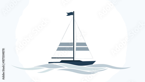 Clean and minimalist graphic illustration of a sailboat with striped sails gliding smoothly over stylized ocean waves under a soft white sun.