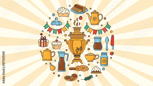 Charming circular composition of traditional Russian tea culture elements including a samovar, teapots, various pastries, and colorful festive banners.