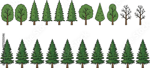 Tree illustration comparison, deciduous coniferous stylized types, foliage patterns, bare branches, educational graphic, nature diversity, visual classification grid