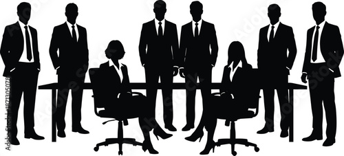 Corporate business team silhouettes standing and sitting, professional executives leadership group, office meeting collaboration concept illustration, strategy, success