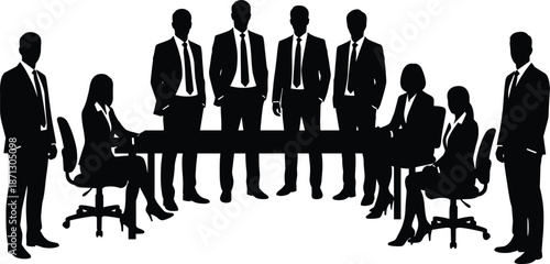 Corporate business team silhouettes around conference table, professional executives leadership meeting, collaboration strategy, management workforce concept illustration, office